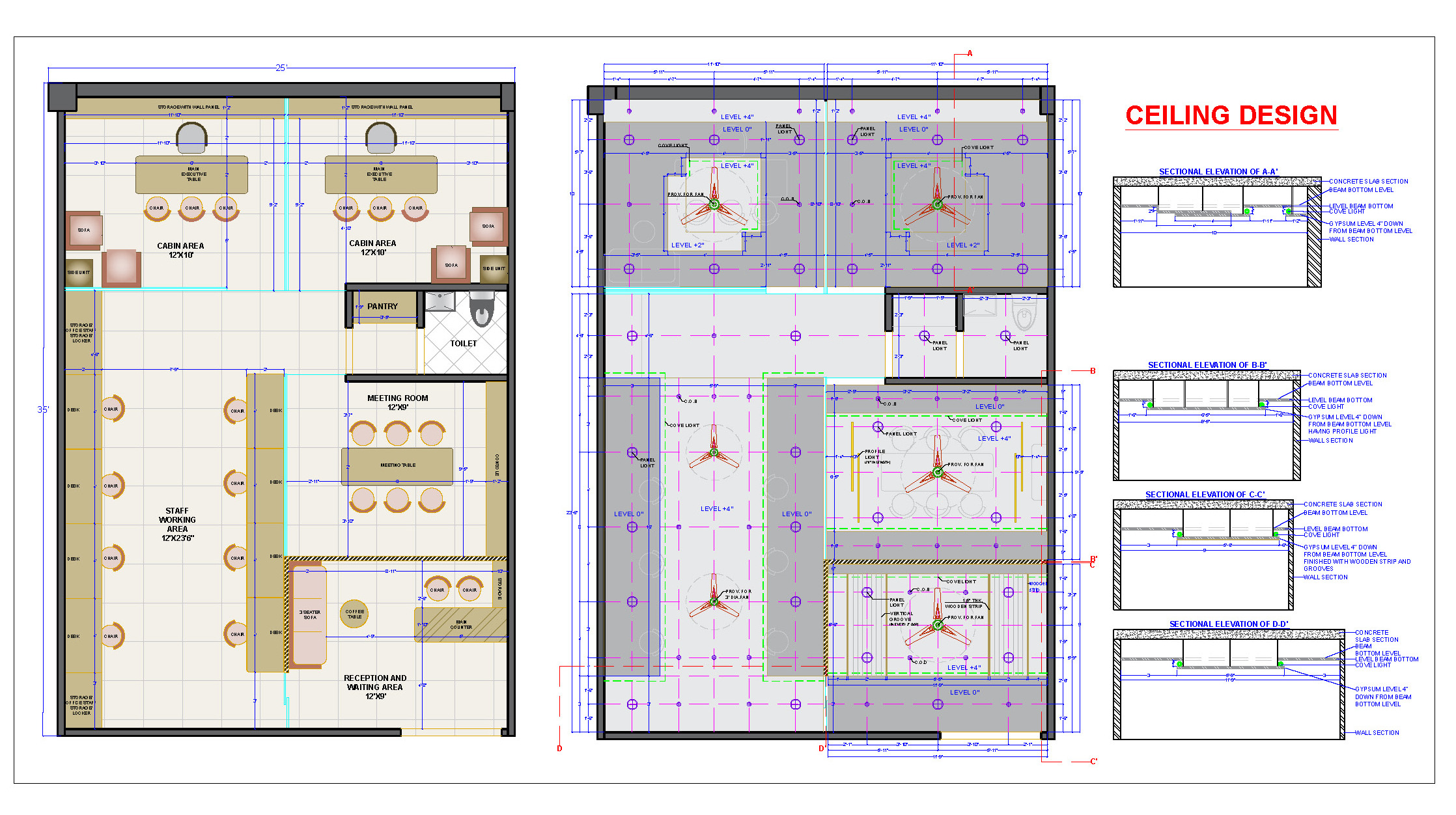 Office Space Planning- Furniture and Ceiling Layout CAD Drawing